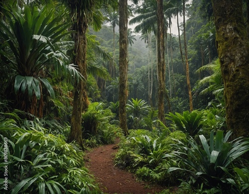 A tropical rainforest hike with towering pineapple trees and lush green foliage. 