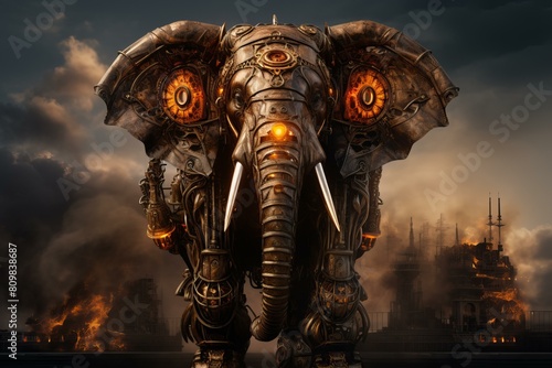 Metallic Steampunk elephant steam. Metallic travel. Generate Ai © juliars