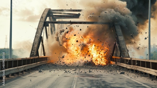 Explosion on a bridge over the river photo
