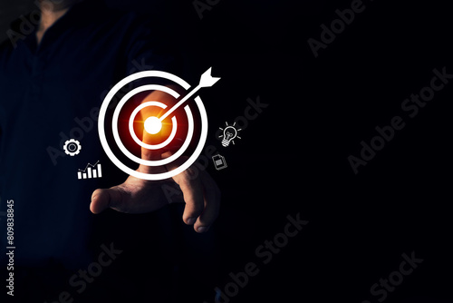 Businessman holding icons about business and investment, Rocketing take off with a targeted launch speed, Strategy for Success & Growth Acceleration concept