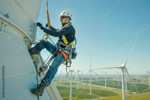 Technician wearing safety gear is suspended while performing maintenance on a wind turbine with a wind farm in the background.