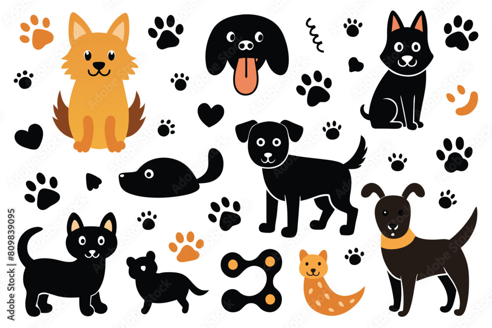 Hand doodle vector Clipart with funny dogs, paw prints and bones. Cute surface design Vectors