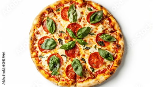Savor the flavors of a classic Margherita Pizza, presented on a white background top view, enhancing the appeal in a marketing setting with an illustrative template