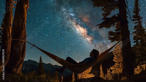 The image is a beautiful landscape of a man lying in a hammock under a starry night sky.