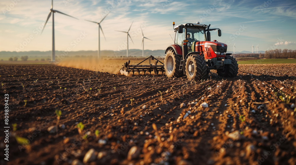 Tractor cultivating soil in a field with wind turbines in the background