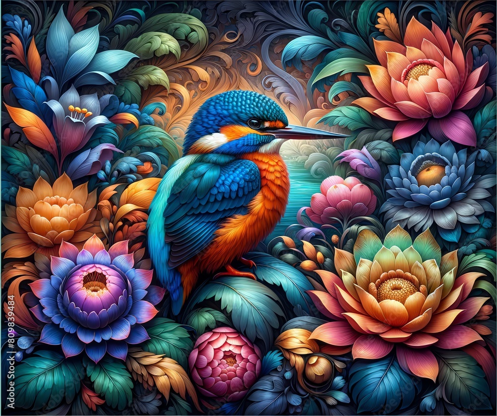  Image of a Kingfisher Bird in a mystical garden