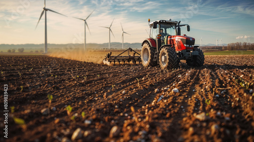 Tractor cultivating soil in a field with wind turbines in the background