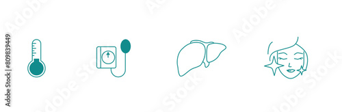 Thermometer, Blood Pressure Meter, Human Liver, and Skin Treatment Vector Icon Set