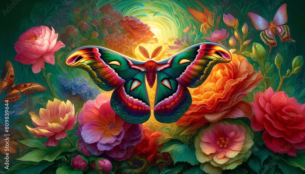 Fototapeta premium Image of a Madagascan sunset moth in a mystical garden