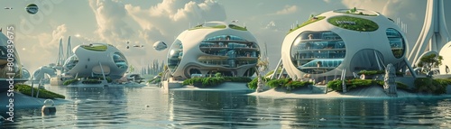 On an oceancovered exoplanet, floating cities harness wave energy, creating a sustainable lifestyle for its aquatic inhabitants photo