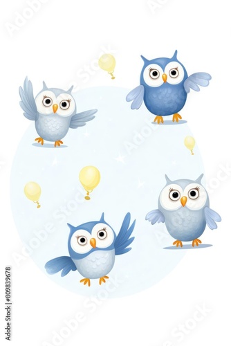 A group of owls running a night school for other nocturnal animals, teaching moonlight mathematics, isolated white background, cartoon drawing, water color style. photo
