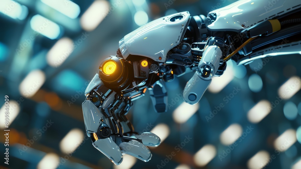 Fototapeta premium The Glow HUD seamlessly integrates with innovative robot technologies, creating a new icon in the robotics field with a blurred industrial background