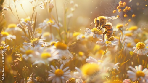 A bee pollinates a daisy in a field of daisies. The bee is collecting nectar from the daisy. The daisy is white with a yellow center.