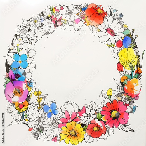 flower frame illustration, circle frame made of flowers, poster illustration, flower Wreath, background, poster, wedding, card, 