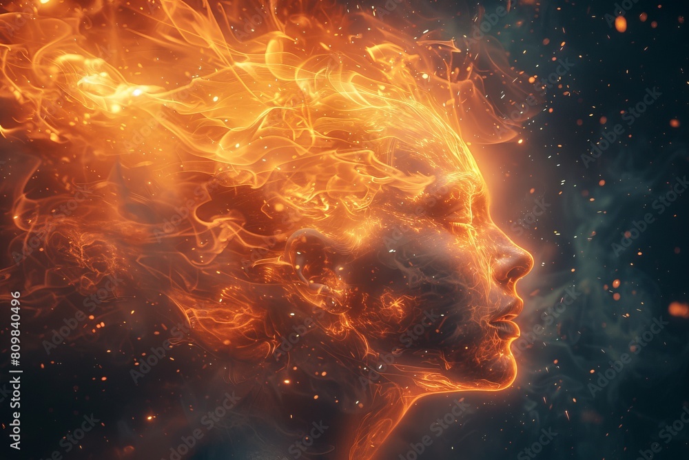 Obraz premium A striking digital portrait of a woman comprised entirely of fire-like particles, suggesting powerful emotions and transformation