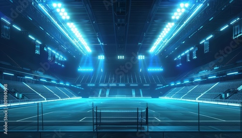 Visualize a soccer stadium with cybernetic designs and empty bleachers glowing under eerie blue lights, complete with copy space