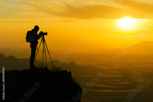 Silhouette of a photographer at golden hour, standing on a hill with a tripod, capturing the sunset over a scenic valley, emphasizing passion and creativity 