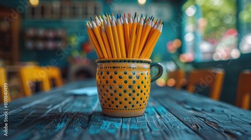 mug full of pencils on the desk at schoolclass photo