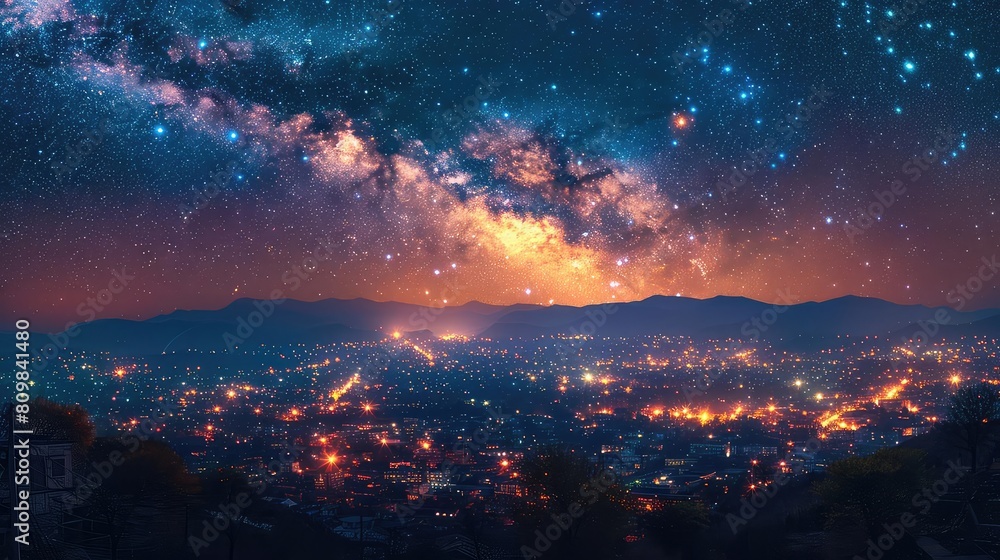 The city lights twinkle beneath a sea of stars, a beautiful and awe-inspiring sight.