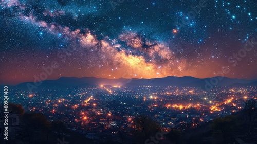 The city lights twinkle beneath a sea of stars  a beautiful and awe-inspiring sight.