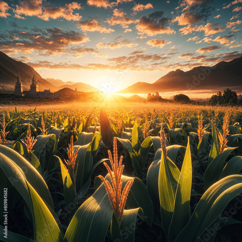 A lush green field of corn or maize plants in the foreground, with mountains in the background and a dramatic, colorful sunset. The sun is setting behind the mountains, casting a warm, golden glow ove photo