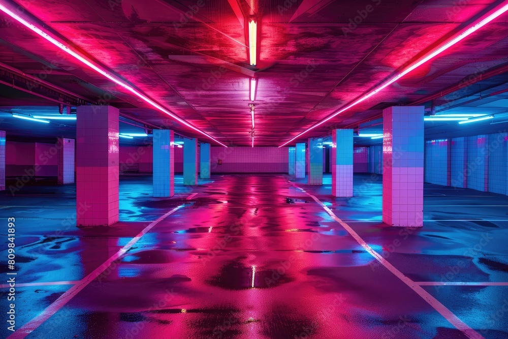 Neon multi-level underground parking in a shopping center. Modern nightlife Neon multi-level underground parking in a shopping center. Modern nightlife