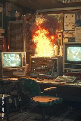 An 80s computer explodes in a room full of old electronics and furniture.