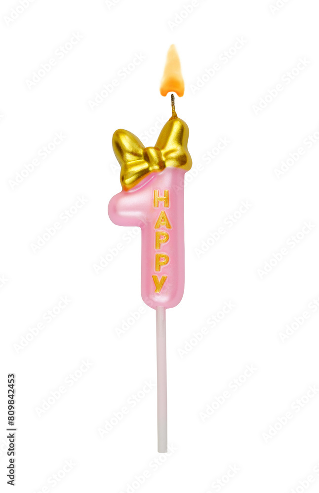 Pink birthday candle with gold bow isolated on white background. Number 1.	