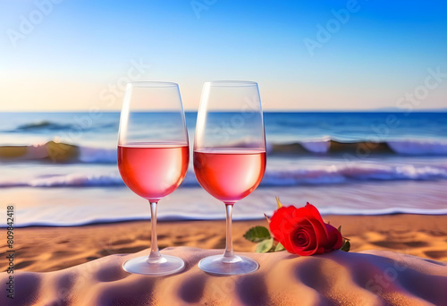 Two glasses of rose wine on a sandy beach with the ocean in the background