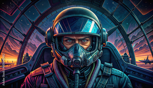 AI generated illustration of a jetfighter pilot with helmet in cockpit or in front of a plane photo