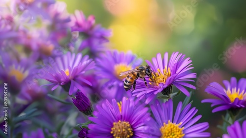 A bee pollinating a purple aster flower. The bee is covered in yellow and black stripes. The flower has a yellow center with purple petals. photo