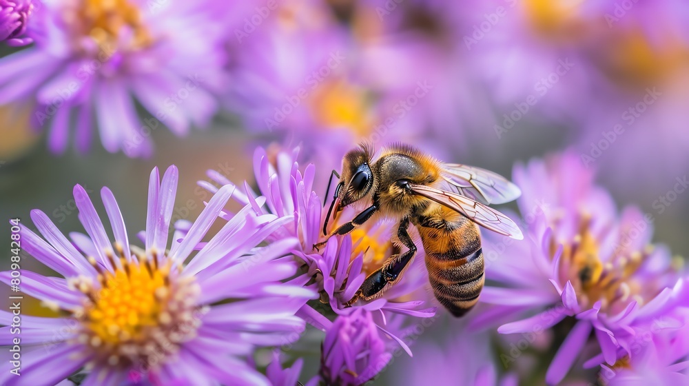 This image shows a bee on a purple flower. The bee is collecting pollen from the flower. The flower is in focus and the background is blurred. This image shows a bee on a purple flower. The bee is collecting pollen from the flower. The flower is in focus and the background is blurred.