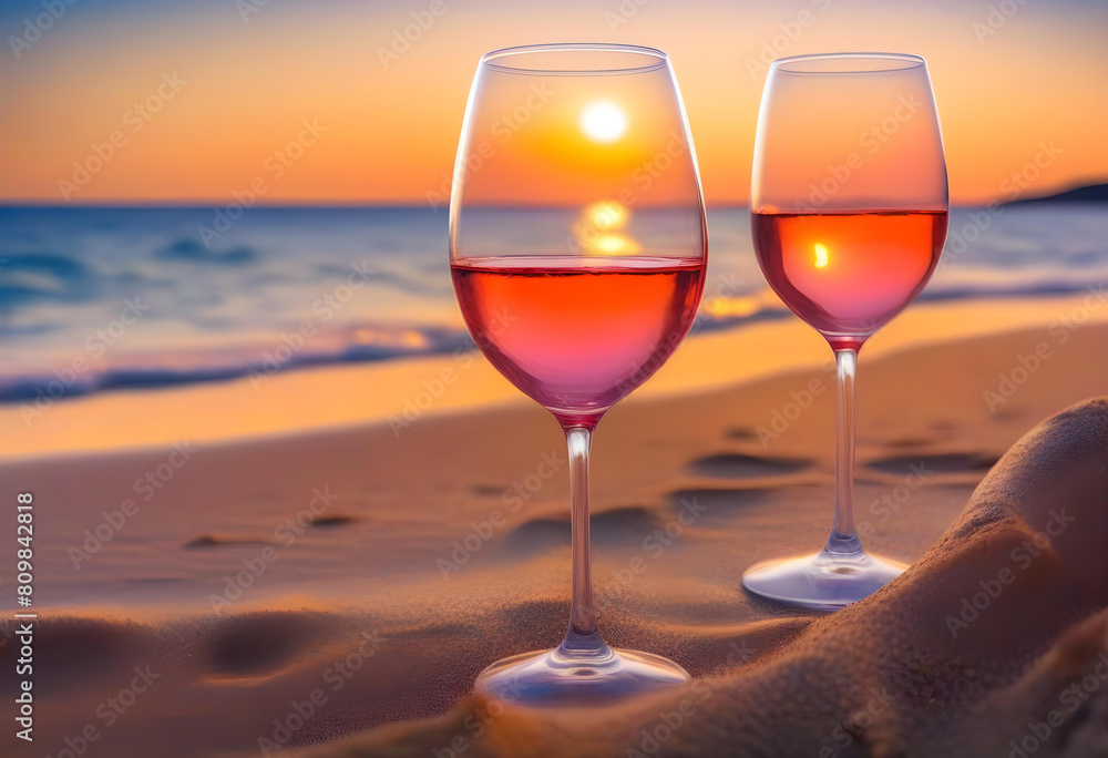 Two glasses of rose wine on a sandy beach with a view of a sunset time