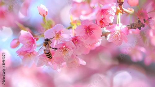 A bee pollinating a cherry blossom. The bee is covered in yellow and black stripes. The cherry blossom is a delicate pink flower. photo