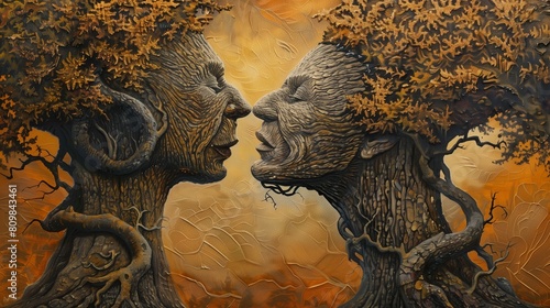 a stunningly realistic and emotive scene in which two ancient trees with intricately carved faces lean towards each other,