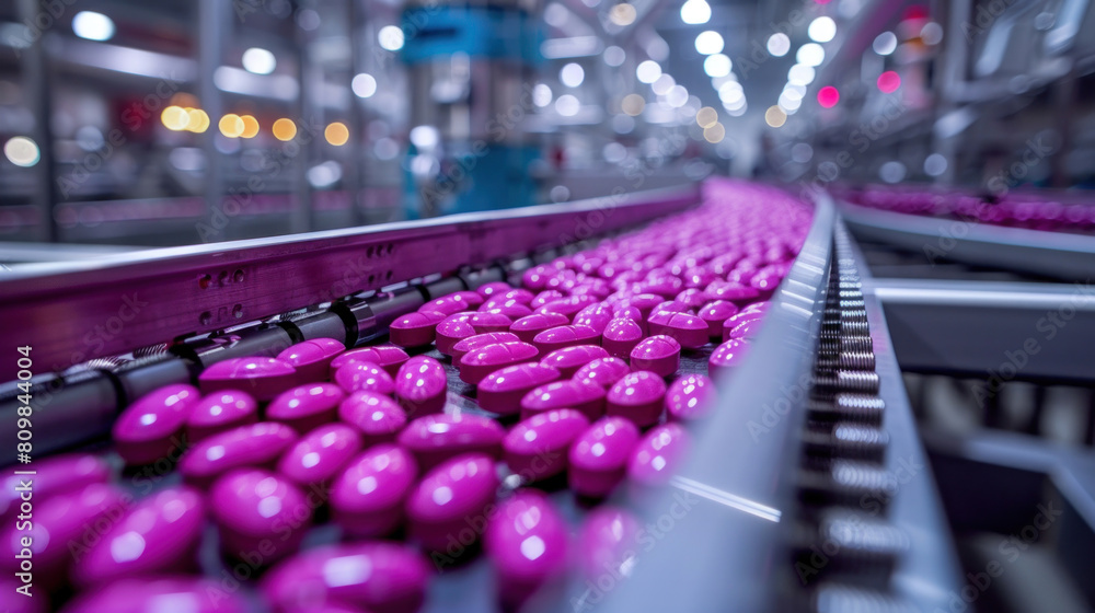 A conveyor belt adorned with rows of purple capsules. Delve into the meticulous processes and rigorous standards that govern pharmaceutical production. A conveyor belt adorned with rows of purple capsules. Delve into the meticulous processes and rigorous standards that govern pharmaceutical production.