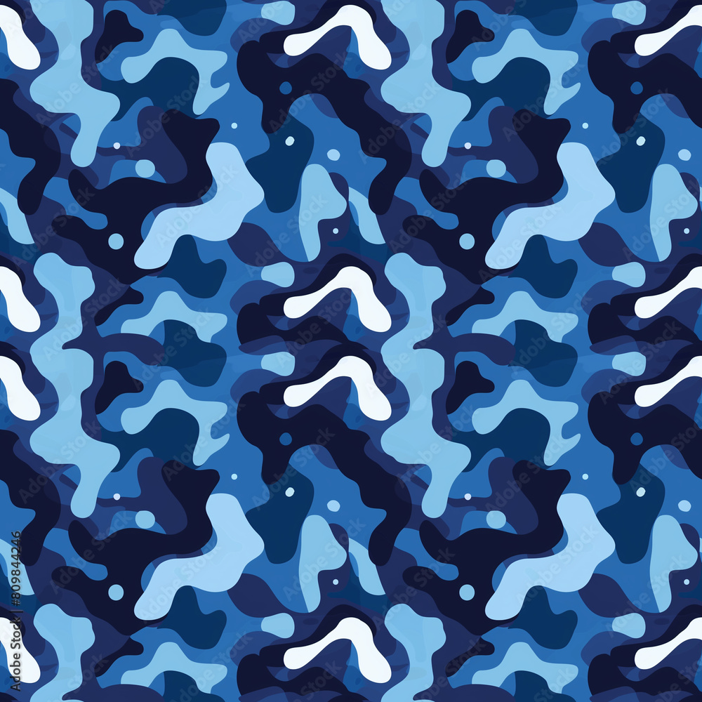 Dynamic seamless pattern of camouflage blue, adding movement to fabric and wallpaper