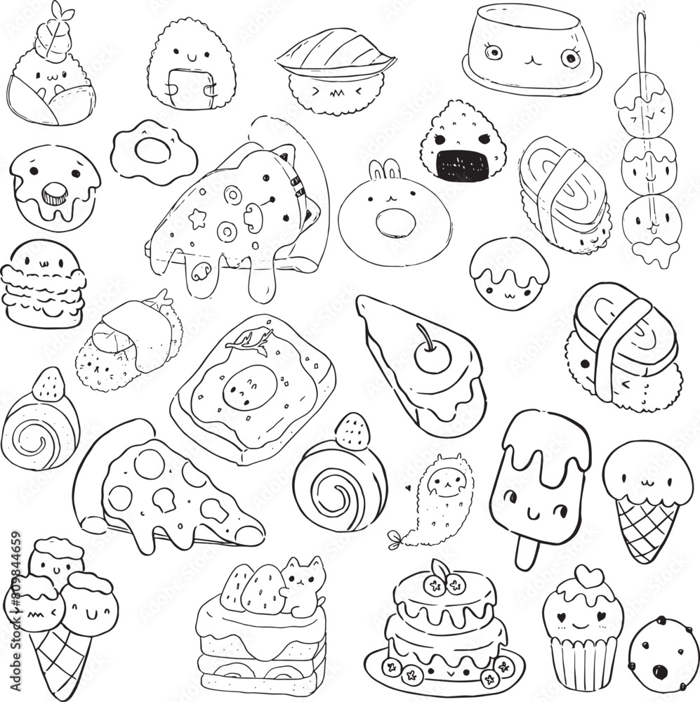 Sushi Japanese pizza and ice cream food doodles style outline drawing and vector.