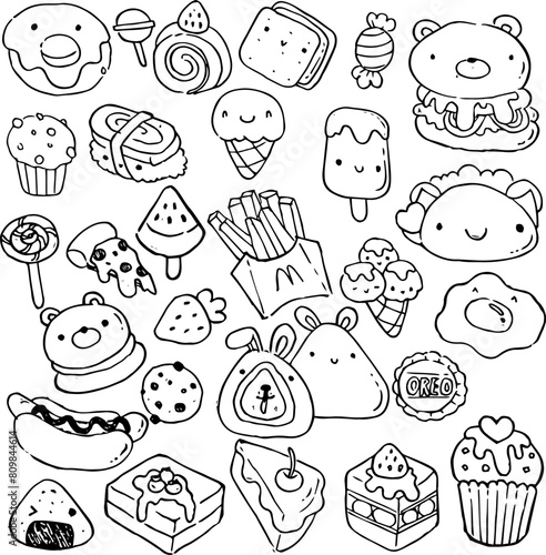 Food Icon sushi, bakery, fast food kawaii doodles style outline drawing and vector