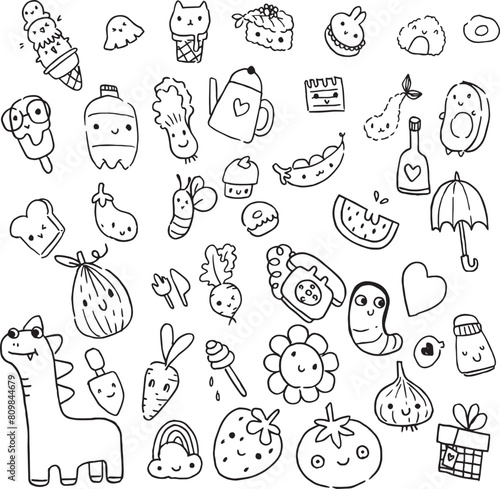 Food Icon sushi, bakery, fast food kawaii doodles style outline drawing and vector