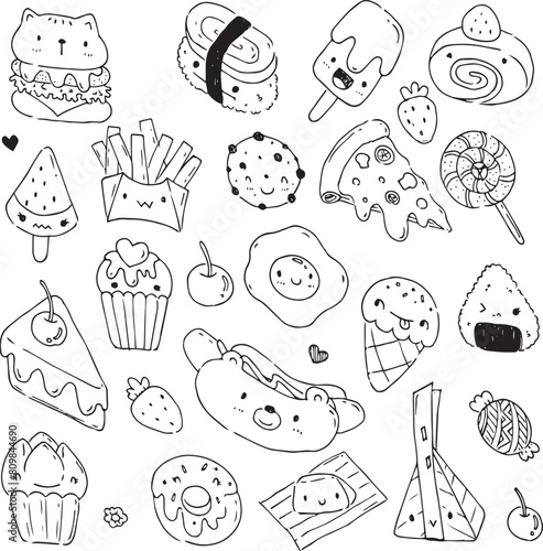 Food Icon sushi, bakery, fast food kawaii doodles style outline drawing and vector