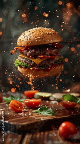 Delicious Cheeseburger with fresh ingredients floating in the air. Food advertising concept. Dark background.