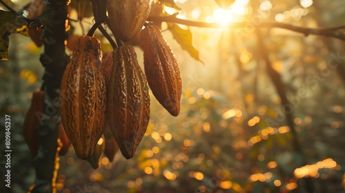 Harvest-ready cocoa pods hanging heavily from the branches, sun-dappled forest floor in the background, evoking a sense of abundance photo