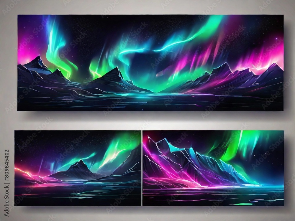 Northern lights with neon glowing effect on dark transparent background. Colorful bright luminous streaks of aurora borealis on polar night starry sky. Realistic vector set of arctic visual phenomenon Northern lights with neon glowing effect on dark transparent background. Colorful bright luminous streaks of aurora borealis on polar night starry sky. Realistic vector set of arctic visual phenomenon