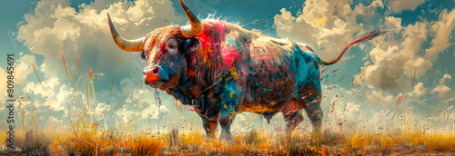 a powerful colored buffalo in the field stand  on blue sky 