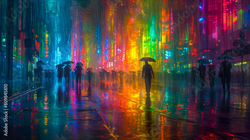 A rain shower transforms a city street into a canvas of reflected neon lights