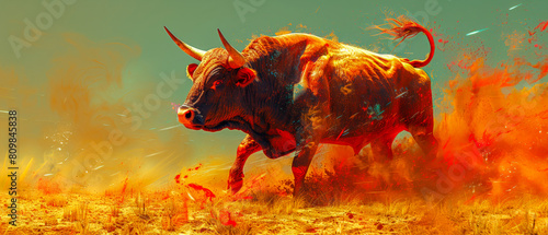 Bull running on fire. Business bull market concept. 
