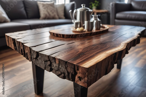  Rustic Wooden Coffee Table.  A rustic wooden coffee table sits in a living room setting. The table has a natural wood finish and a rough-hewn surface.