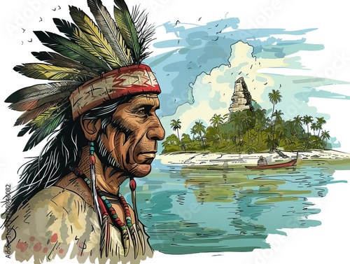 Native American man wearing a traditional headdress and looking out at a river