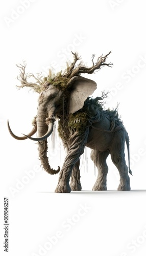 Surreal Elephant Tree Sculpture Artwork png  A striking artistic representation of an elephant  intricately crafted with tree branches and foliage  blending nature and wildlife.